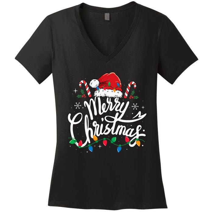 Merry Christmas Lights Red Santa Hat Xmas Family Women's V-Neck T-Shirt