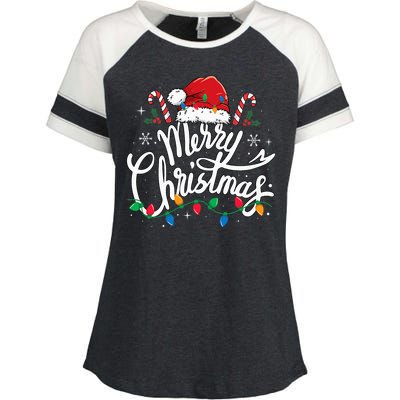 Merry Christmas Lights Red Santa Hat Xmas Family Enza Ladies Jersey Colorblock Tee