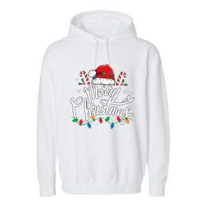 Merry Christmas Lights Red Santa Hat Xmas Family Garment-Dyed Fleece Hoodie