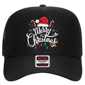 Merry Christmas Lights Red Santa Hat Xmas Family  High Crown Mesh Back Trucker Hat