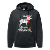 Merry Christmoose Lights Santa Hat Funny Christmas Moose  Performance Fleece Hoodie