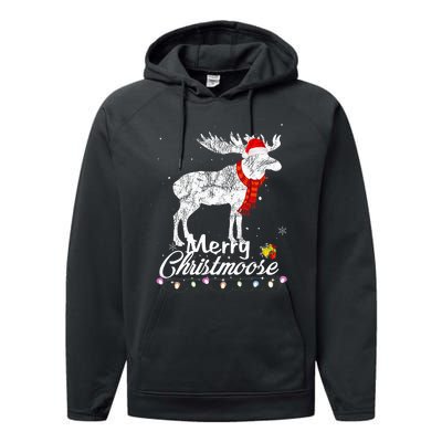 Merry Christmoose Lights Santa Hat Funny Christmas Moose  Performance Fleece Hoodie