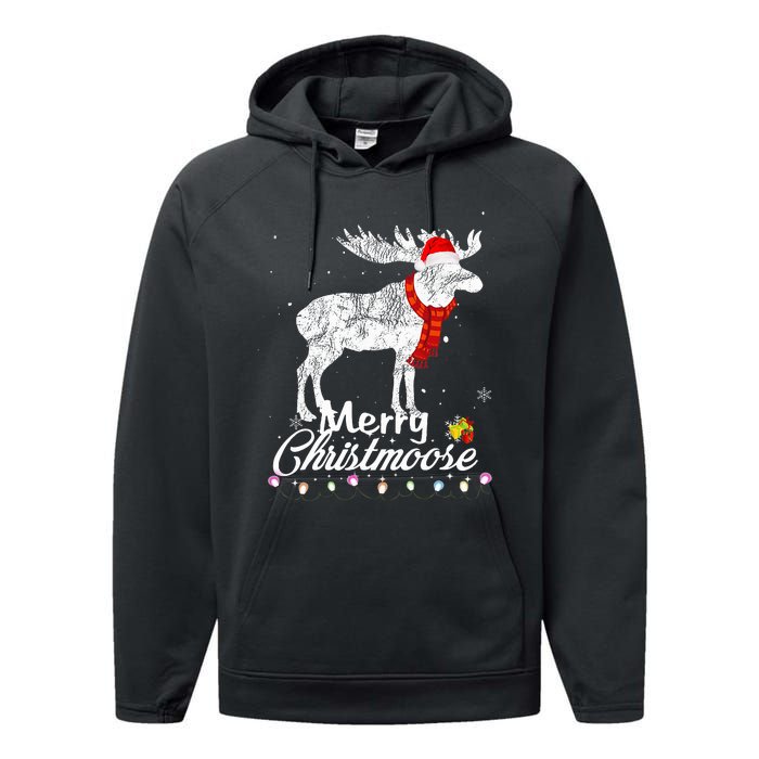 Merry Christmoose Lights Santa Hat Funny Christmas Moose  Performance Fleece Hoodie