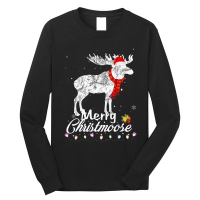 Merry Christmoose Lights Santa Hat Funny Christmas Moose  Long Sleeve Shirt