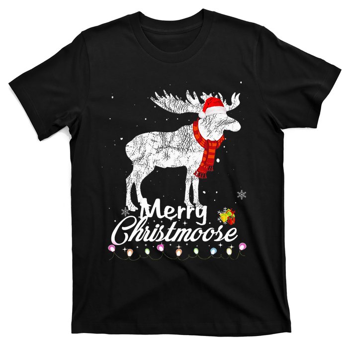 Merry Christmoose Lights Santa Hat Funny Christmas Moose  T-Shirt