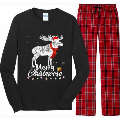 Merry Christmoose Lights Santa Hat Funny Christmas Moose  Long Sleeve Pajama Set