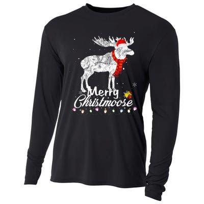 Merry Christmoose Lights Santa Hat Funny Christmas Moose  Cooling Performance Long Sleeve Crew