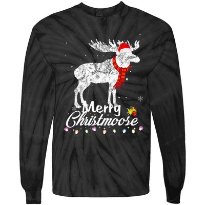 Merry Christmoose Lights Santa Hat Funny Christmas Moose  Tie-Dye Long Sleeve Shirt