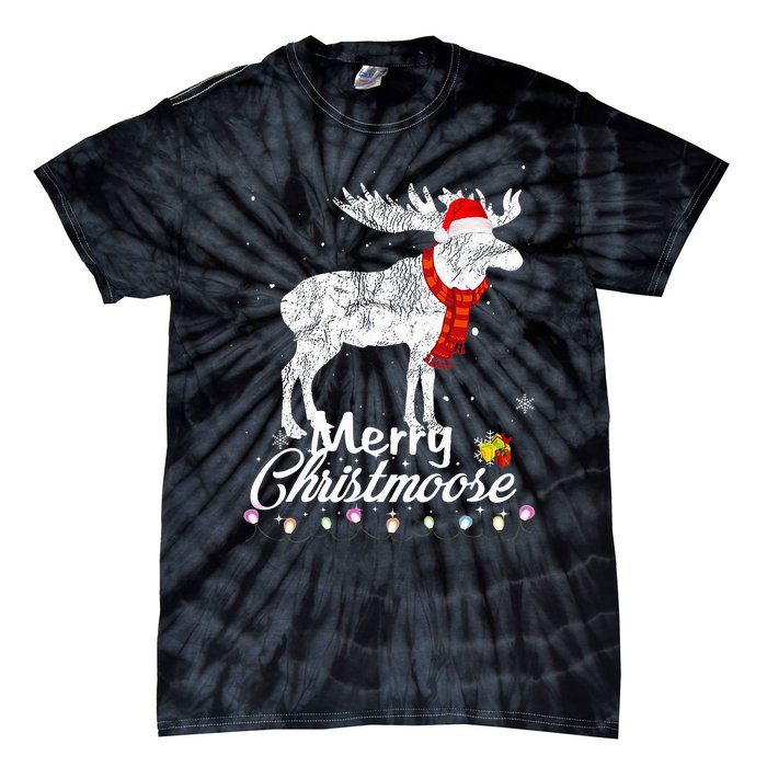 Merry Christmoose Lights Santa Hat Funny Christmas Moose  Tie-Dye T-Shirt