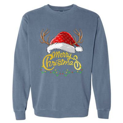 Merry Christmas Lights Red Santa Hat Xmas Family Garment-Dyed Sweatshirt