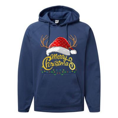 Merry Christmas Lights Red Santa Hat Xmas Family Performance Fleece Hoodie