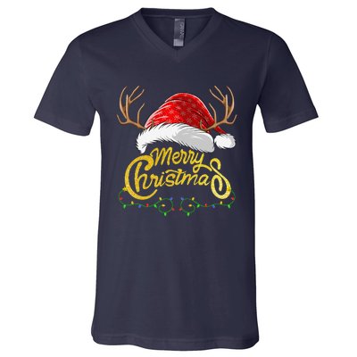 Merry Christmas Lights Red Santa Hat Xmas Family V-Neck T-Shirt