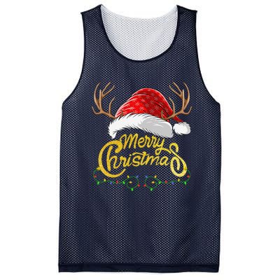 Merry Christmas Lights Red Santa Hat Xmas Family Mesh Reversible Basketball Jersey Tank