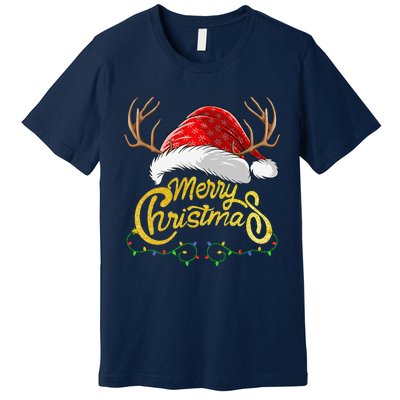 Merry Christmas Lights Red Santa Hat Xmas Family Premium T-Shirt