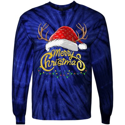 Merry Christmas Lights Red Santa Hat Xmas Family Tie-Dye Long Sleeve Shirt