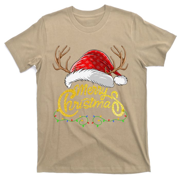 Merry Christmas Lights Red Santa Hat Xmas Family T-Shirt