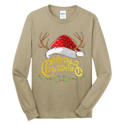 Merry Christmas Lights Red Santa Hat Xmas Family Tall Long Sleeve T-Shirt