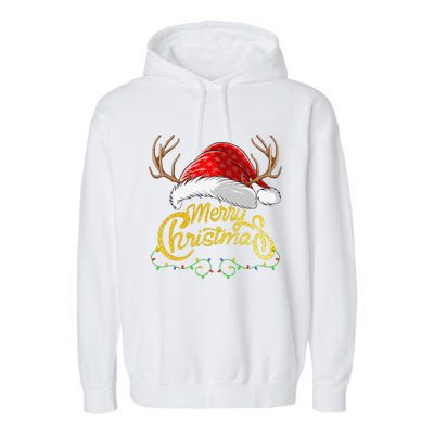 Merry Christmas Lights Red Santa Hat Xmas Family Garment-Dyed Fleece Hoodie