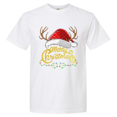 Merry Christmas Lights Red Santa Hat Xmas Family Garment-Dyed Heavyweight T-Shirt