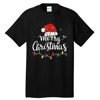 Merry Christmas Lights Red Santa Hat Xmas Family Women Tall T-Shirt