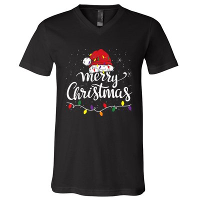 Merry Christmas Lights Red Santa Hat Xmas Family Women V-Neck T-Shirt