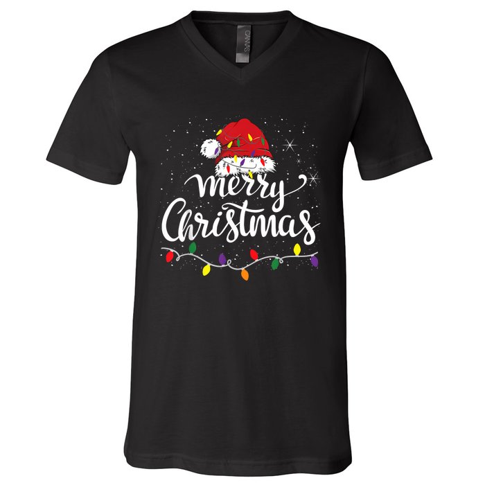 Merry Christmas Lights Red Santa Hat Xmas Family Women V-Neck T-Shirt