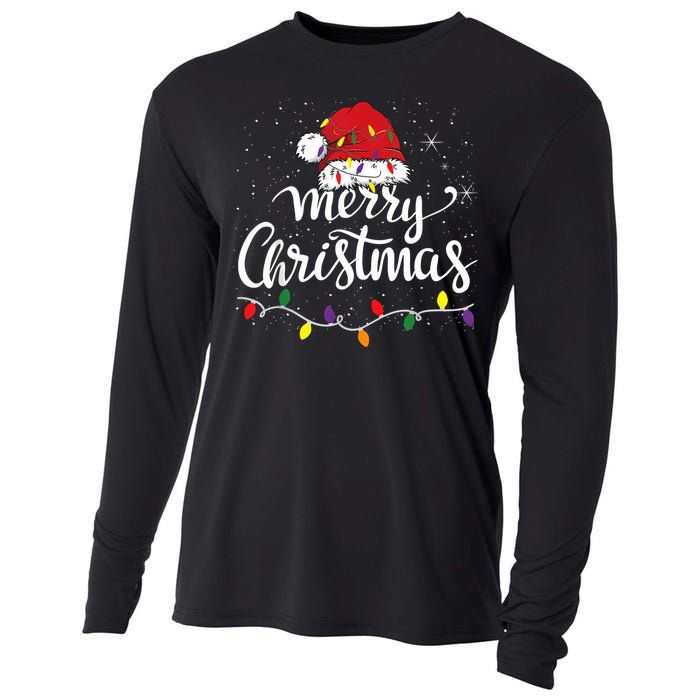 Merry Christmas Lights Red Santa Hat Xmas Family Women Cooling Performance Long Sleeve Crew