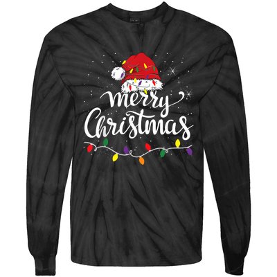 Merry Christmas Lights Red Santa Hat Xmas Family Women Tie-Dye Long Sleeve Shirt