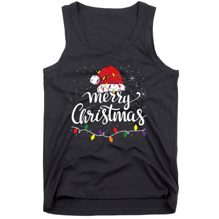 Merry Christmas Lights Red Santa Hat Xmas Family Women Tank Top