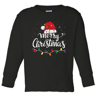 Merry Christmas Lights Red Santa Hat Xmas Family Women Toddler Long Sleeve Shirt