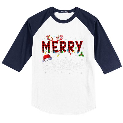 Merry Christmas Lights Santa Hat Xmas Family Baseball Sleeve Shirt