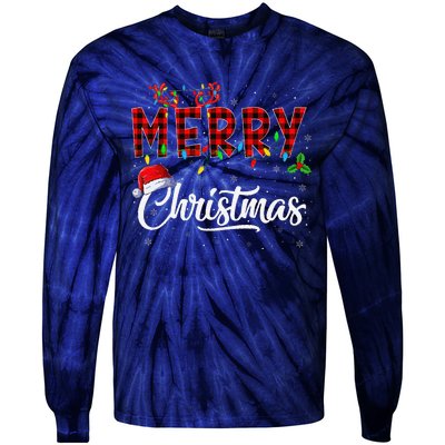 Merry Christmas Lights Santa Hat Xmas Family Tie-Dye Long Sleeve Shirt