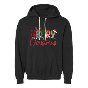 Merry Christmas Leopard Buffalo Red Plaid Santa Xmas Garment-Dyed Fleece Hoodie