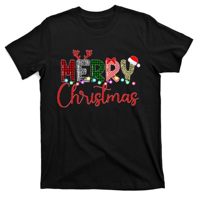 Merry Christmas Leopard Buffalo Red Plaid Santa Xmas T-Shirt