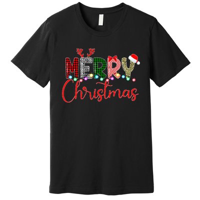 Merry Christmas Leopard Buffalo Red Plaid Santa Xmas Premium T-Shirt