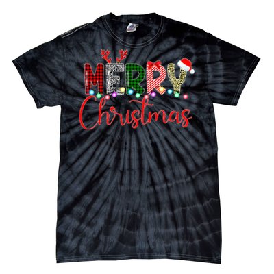 Merry Christmas Leopard Buffalo Red Plaid Santa Xmas Tie-Dye T-Shirt