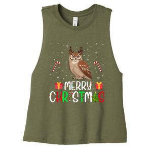 Merry Christmas Lights Owl Reindeer Hat Xmas Pjs Women's Racerback Cropped Tank