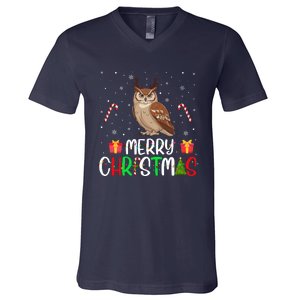 Merry Christmas Lights Owl Reindeer Hat Xmas Pjs V-Neck T-Shirt