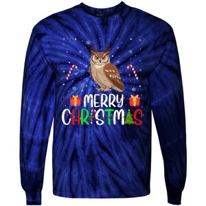 Merry Christmas Lights Owl Reindeer Hat Xmas Pjs Tie-Dye Long Sleeve Shirt