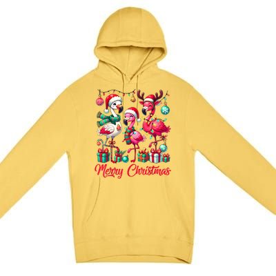 Merry Christmas Lights Flamingo Santa Hat Snow Xmas Pajamas Premium Pullover Hoodie