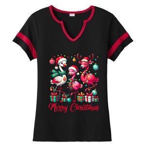 Merry Christmas Lights Flamingo Santa Hat Snow Xmas Pajamas Ladies Halftime Notch Neck Tee