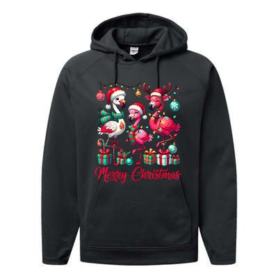 Merry Christmas Lights Flamingo Santa Hat Snow Xmas Pajamas Performance Fleece Hoodie