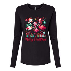 Merry Christmas Lights Flamingo Santa Hat Snow Xmas Pajamas Womens Cotton Relaxed Long Sleeve T-Shirt