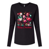 Merry Christmas Lights Flamingo Santa Hat Snow Xmas Pajamas Womens Cotton Relaxed Long Sleeve T-Shirt