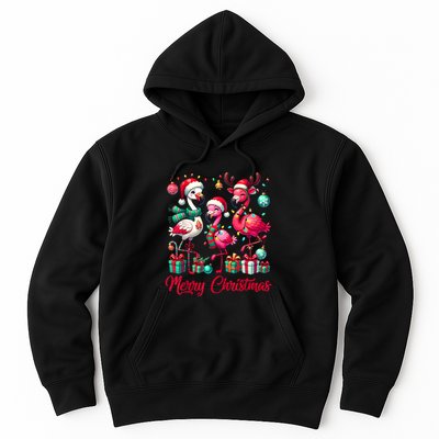 Merry Christmas Lights Flamingo Santa Hat Snow Xmas Pajamas Hoodie