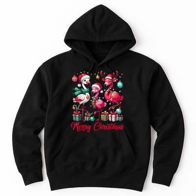 Merry Christmas Lights Flamingo Santa Hat Snow Xmas Pajamas Hoodie