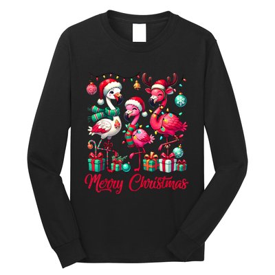 Merry Christmas Lights Flamingo Santa Hat Snow Xmas Pajamas Long Sleeve Shirt