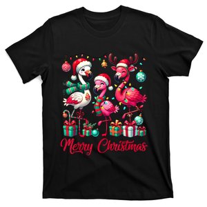 Merry Christmas Lights Flamingo Santa Hat Snow Xmas Pajamas T-Shirt