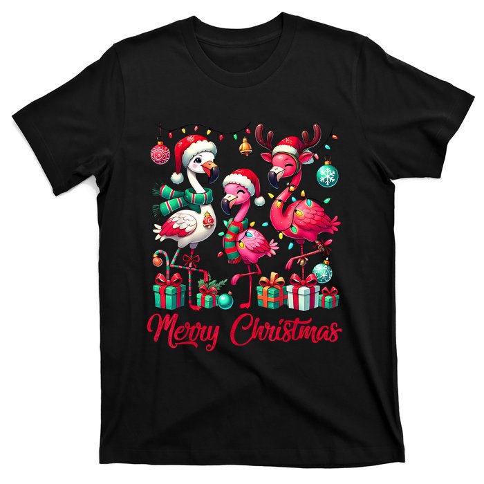 Merry Christmas Lights Flamingo Santa Hat Snow Xmas Pajamas T-Shirt