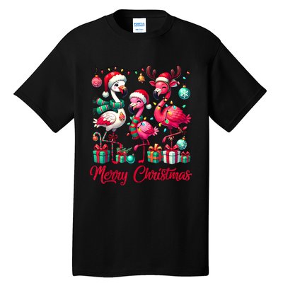 Merry Christmas Lights Flamingo Santa Hat Snow Xmas Pajamas Tall T-Shirt